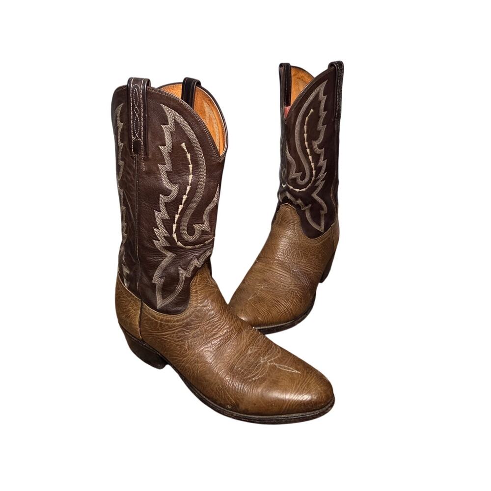 Luchhese 2000 bull hide brown leather cowboy boots round toe classic mens 10.5